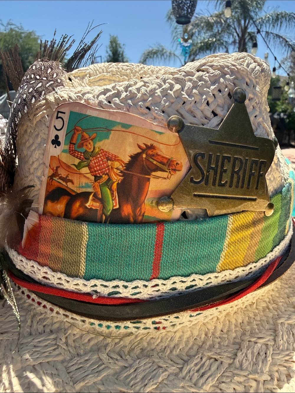 Custom straw cowboy hat w Peacock,feathers leather ,vintage cloth, card sheriff - Picture 9 of 17